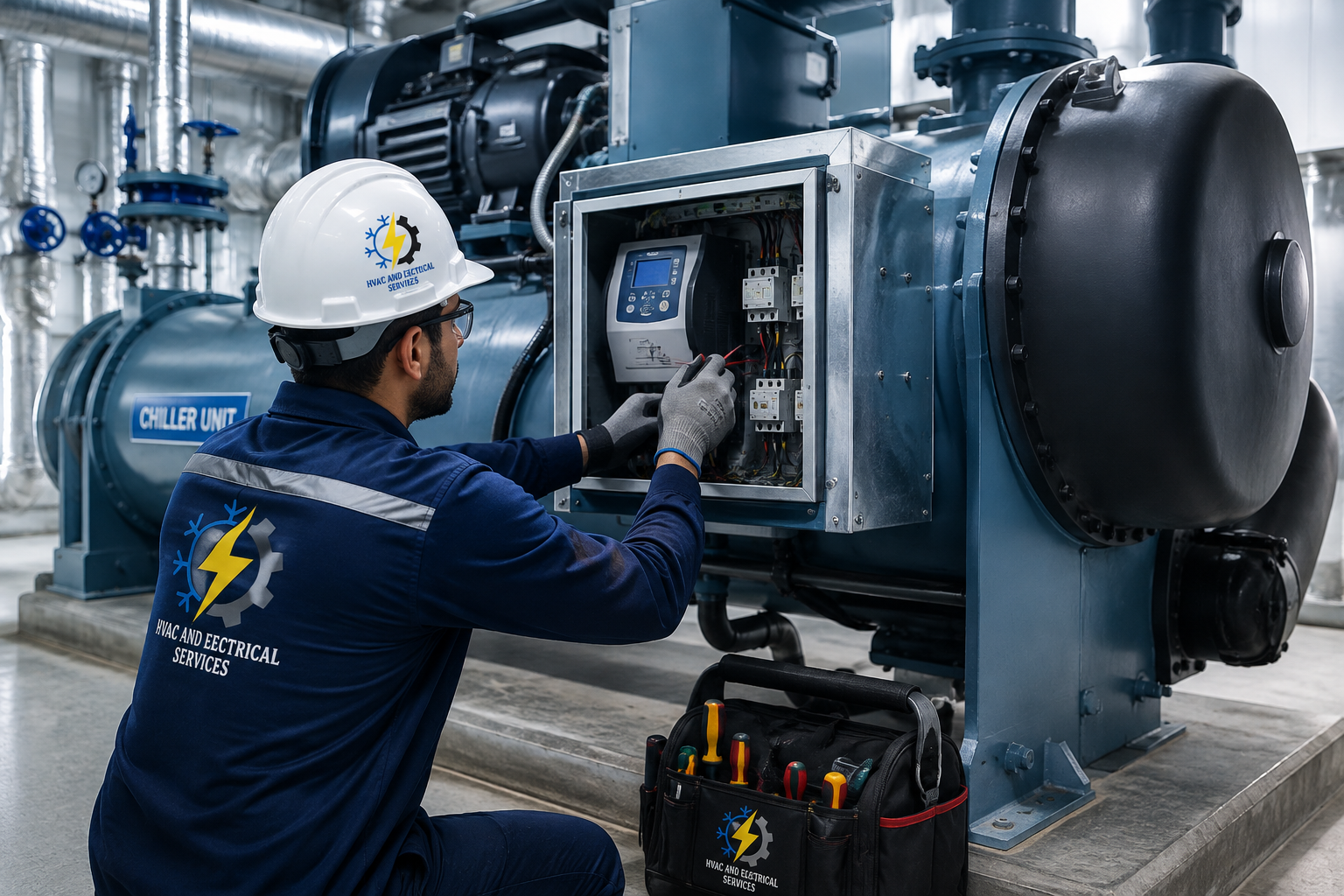 H-Elemec technician performing chiller maintenance in Riyadh